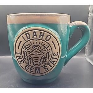 Idaho The Gem State Coffee Mug Teal Ceramic Souvenir Mountain Medallion Glazed
